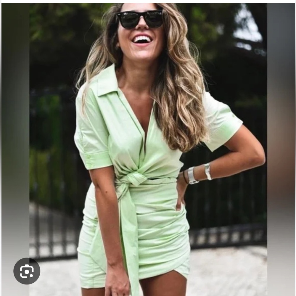 ZARA • ruched poplin dress light lime green size small